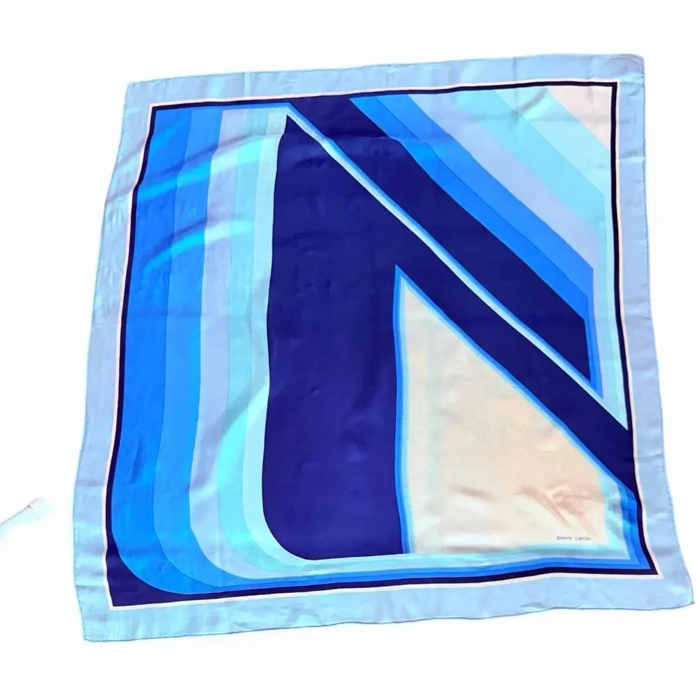 Vintage Pierre Cardin Silk Scarf 30” Navy Blue Geometric Op Art 1970s Designer